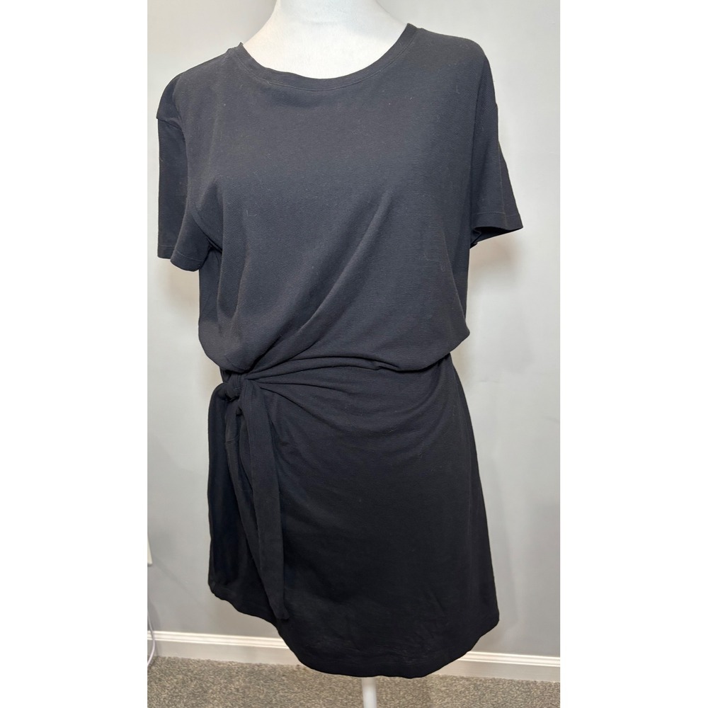 Vince Side Tie Knot T-Shirt Dress M Black Cotton Ruched Waist Lined Minimalist